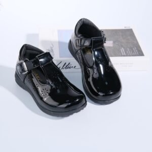 Girls Patent Leather School Shoes – Stylish Strap Flat Shoes for Kids – Black  (Size 31,33,36)