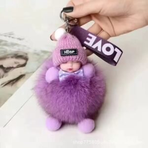 Cute Plush Baby Doll Keychain with Fluffy Fur – Purple